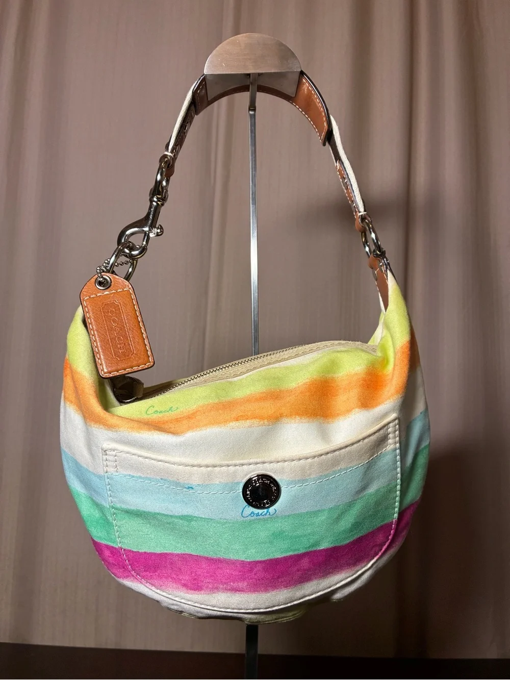 Coach Rainbow Striped Canvas Shoulder Bag with Leather Trim